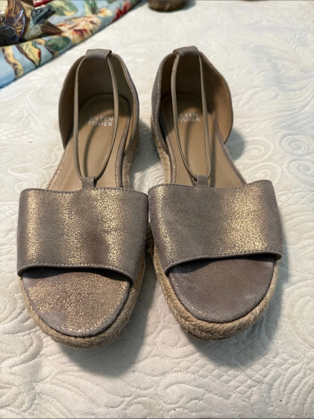 Eileen Fisher Metallic Taupe Espadrille Wedge Sandals